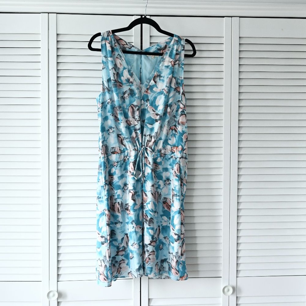 Rebecca Taylor Aqua Floral V-Neck Drawstring Mini Dress